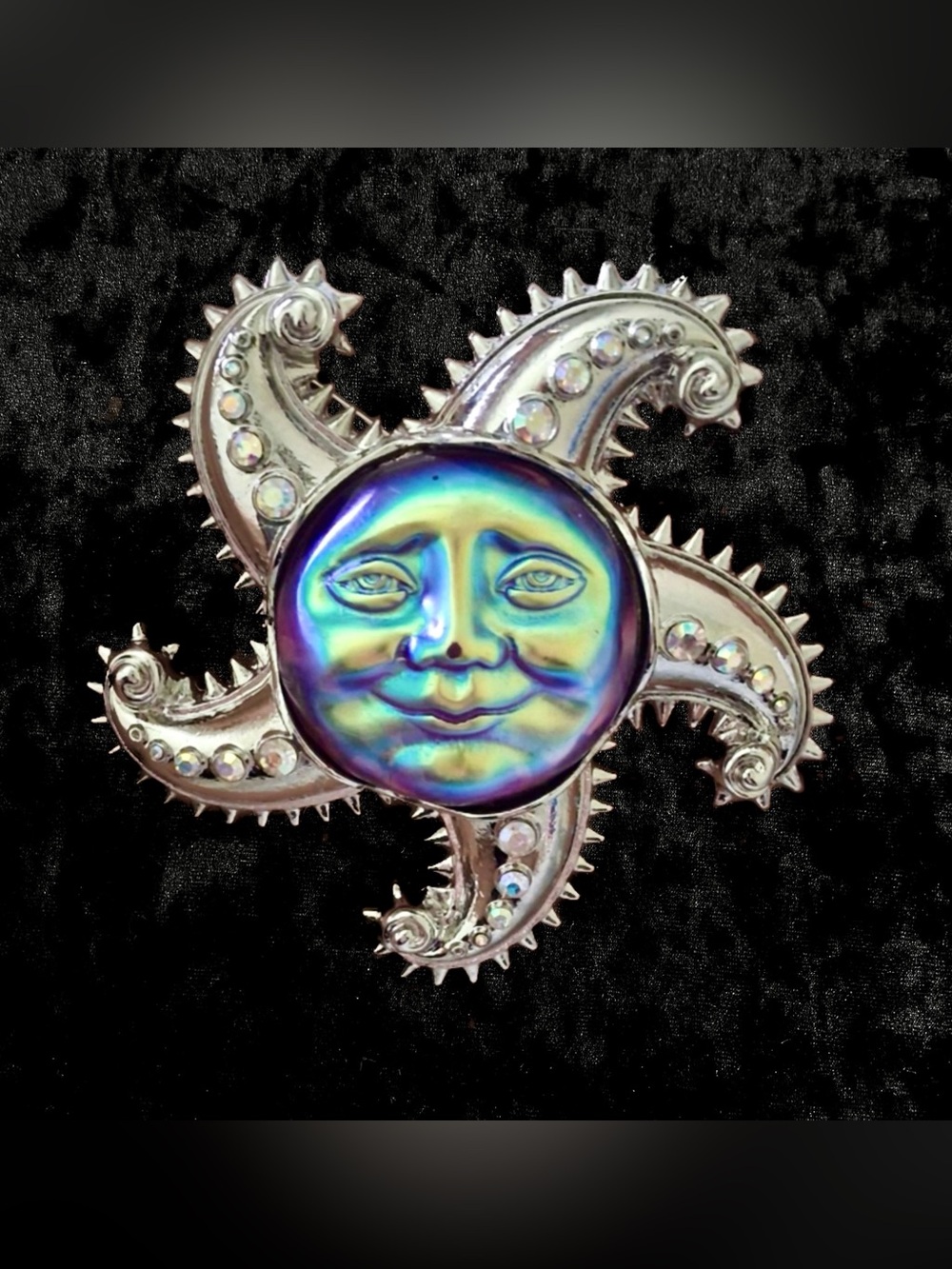 Kirks Folly Celestial Sun Moon Iridescent Brooch Pendant Signed